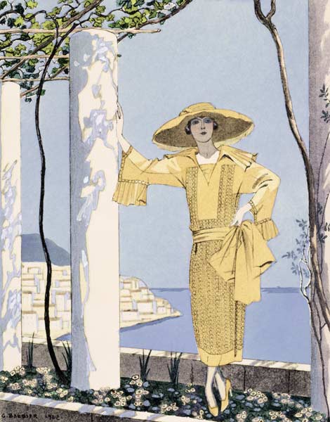 Amalfi, illustration of a woman in a yellow dress by Worth, 1922 (pochoir print) de Georges Barbier