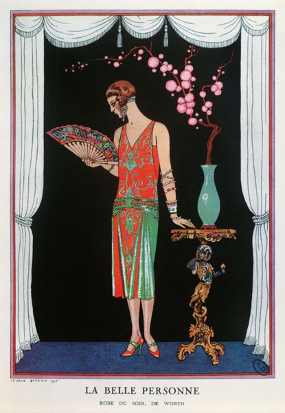 Worth evening dress, fashion plate from Gazette du Bon Ton, 1925 (litho) de Georges Barbier