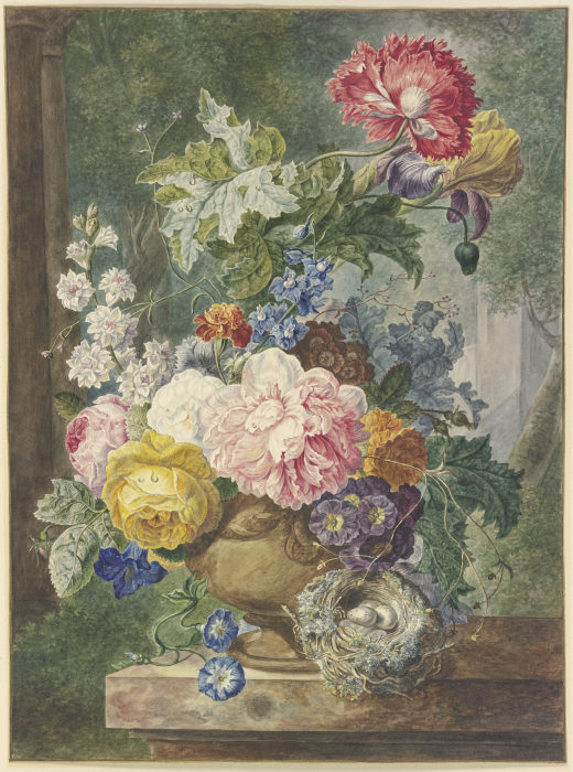 Blumenstrauß in einer Vase, dabei ein Vogelnest de Georgius Jacobus Johannes van Os