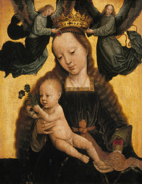 The virgin with the child is crowned by angels. de Gerard David