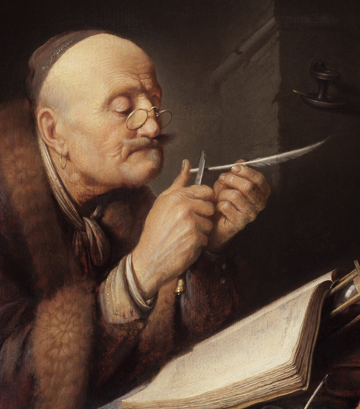 Scholar sharpening a quill pen de Gerard Dou