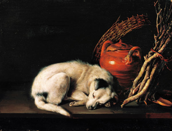 Ein schlafender Hund neben einem Terrakottakrug, einem Korb, einem Paar Clogs und Zündholz de Gerard Dou