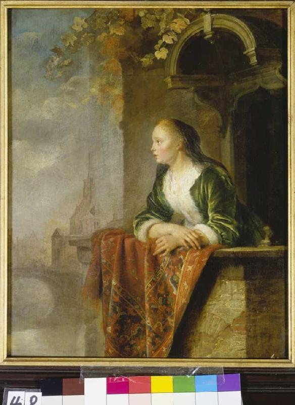 Young woman on a balcony de Gerard Dou