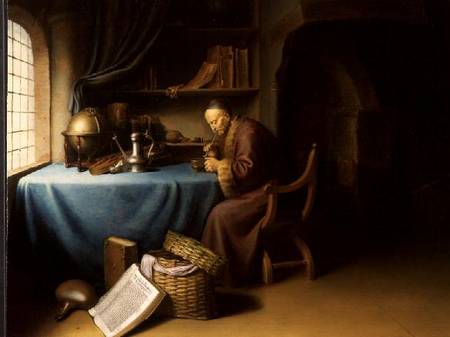 An Old Man Lighting his Pipe in a Study de Gerard Dou