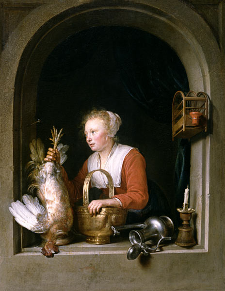 The Dutch Housewife or, The Woman Hanging a Cockerel in the Window de Gerard Dou