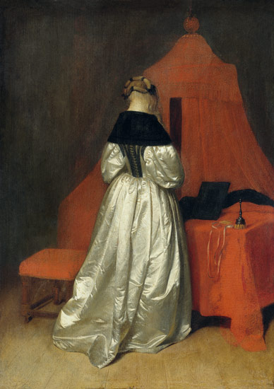 Eine Dame in weissem Atlas vor dem Bett mit roten Vorhaengen de Gerard ter Borch or Terborch