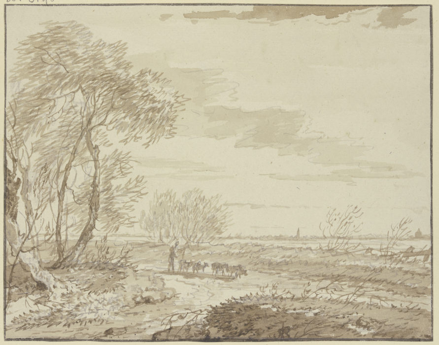 Landschaft mit Fernsicht, links Bäume, auf dem Weg eine Schafherde de Gerard van Nijmegen