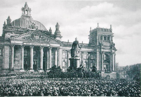 Philipp Scheidemann (1865-1939) gives an address from the Reichstag announcing the creation of a new de German Photographer, (20th century)