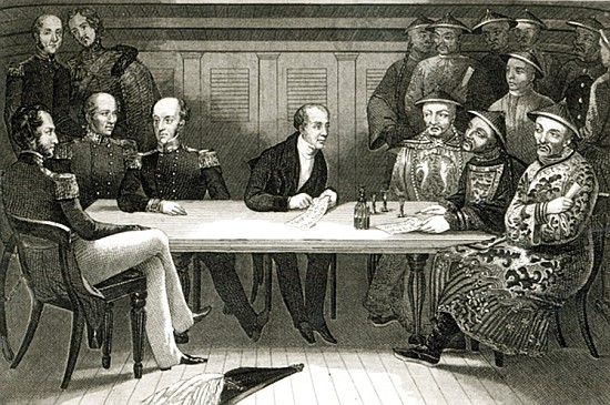 A conference at Chusan between Commodore Bremer and Chang, a Chinese official, on board the HMS Well de German School