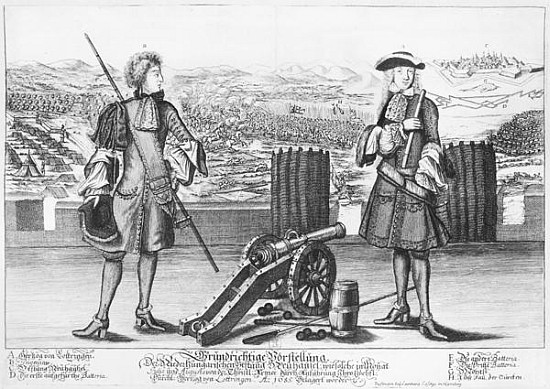 Charles V, Duke of Lorraine and Bar, with an engineer, at the battle of Neuhausel against the Turks  de German School