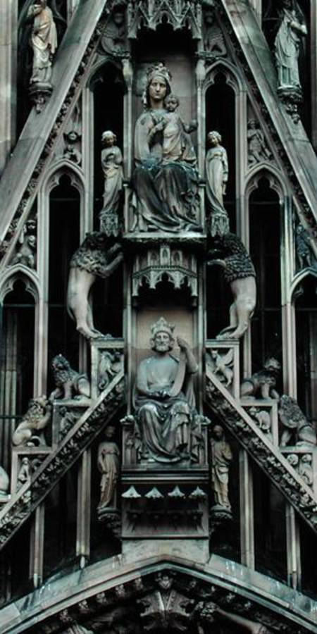Detail of the Virgin and Child, from the gable above the central portal on the west facade de German School