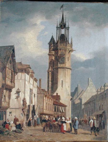 French Town Scene with a Bell Tower de German School