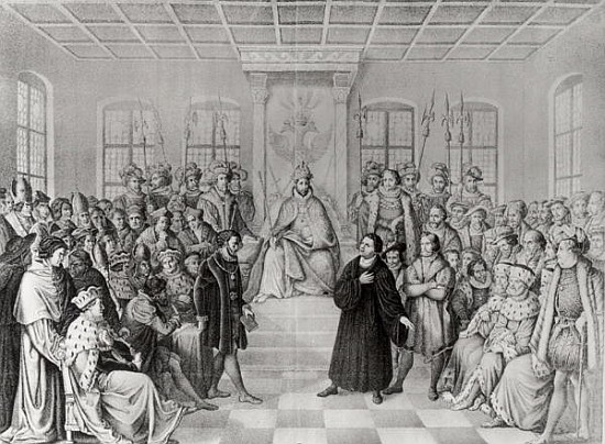 Martin Luther in front of Charles V (1500-58) at the Diet of Worms, 16th April 1521, from ''History  de German School