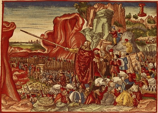 Moses parting the Red Sea, image from the Luther Bible (hand coloured print) de German School