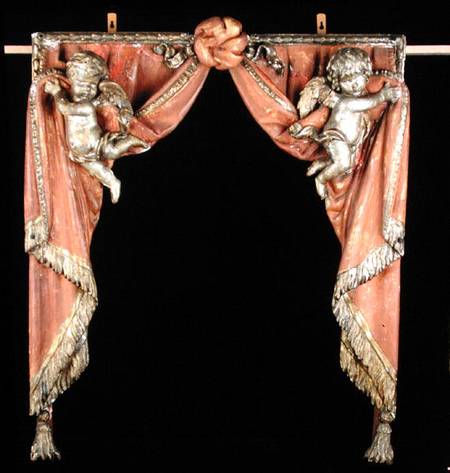 Pair of Putti supporting curtains de German School