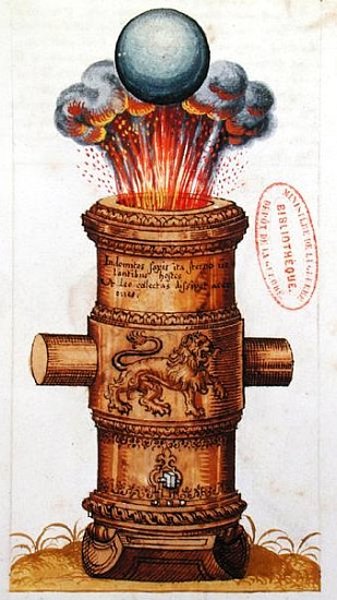 Raised cannon firing a cannonball, from ''The Art of Artillery'' de German School