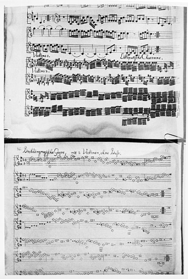 Score for Telemann''s Suite for two violins, the ''Gulliver Suite'', including the ''Chaconne of the de German School