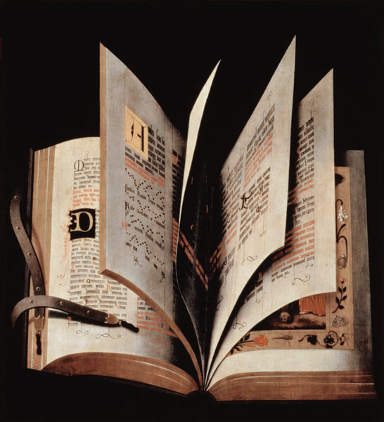 Trompe l'oeil of an open manuscript de German School