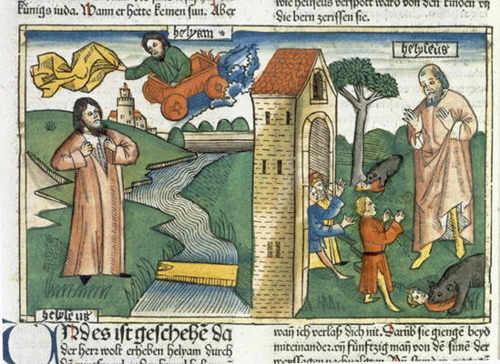 2 Kings 2 1-24 Elijah ascends to Heaven in a whirlwind and the boys who mocked Elisha are eaten by b de German School, (15th century)