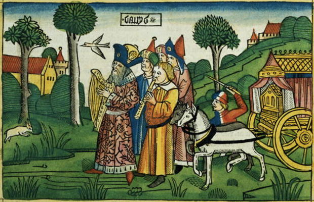 2 Samuel 6 1-5 David brings the Ark to Jerusalem (coloured woodcut) de German School, (15th century)