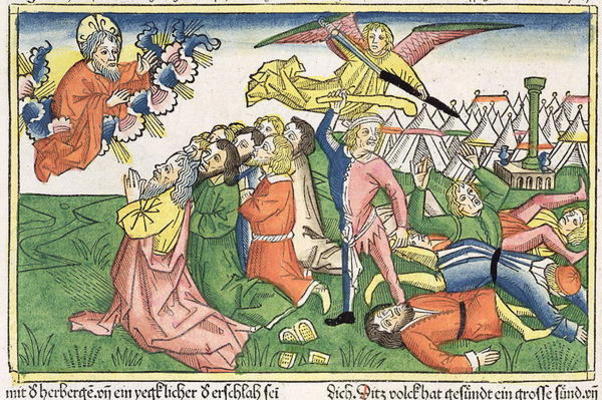Exodus 32 15-23 Moses breaking the stone tablets (coloured woodcut) de German School, (15th century)