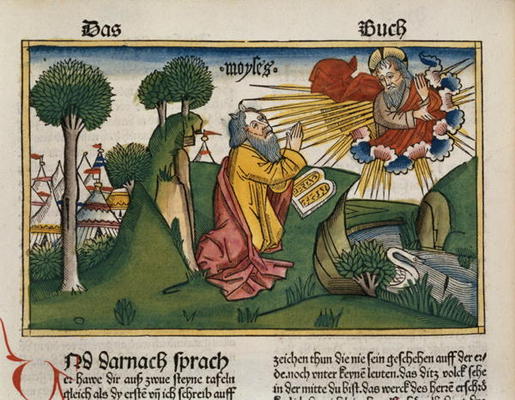 Exodus 34 1-10 Moses receives the second tablets with the Ten Commandments (coloured woodcut) de German School, (15th century)