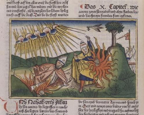 Leviticus 10 1-2 Nadab and Abihu offer unholy fire and die (coloured woodcut) de German School, (15th century)