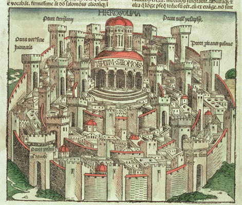 View of the walled city of Jerusalem showing the Temple of Solomon and the city gates, from the Nure de German School, (15th century)