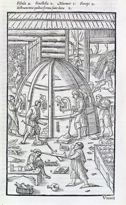Glassworks, illustration showing the marble furnace and glass blowers (woodcut) de German School, (17th century)