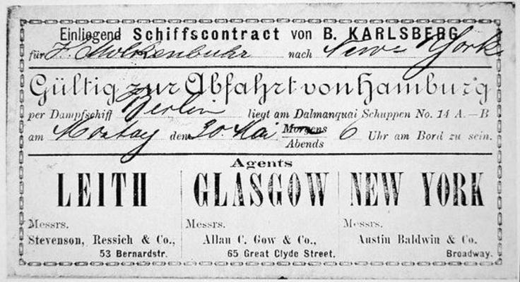 A German immigrant ship's contract & boarding card for New York, issued in Hamburg, 1881 (litho) de German School, (19th century)