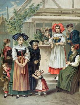 Traditional costumes of the Strasbourg region, c. 1870-80 (colour litho)