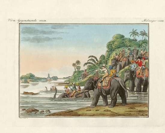 Tiger hunting on an Indian river de German School, (19th century)