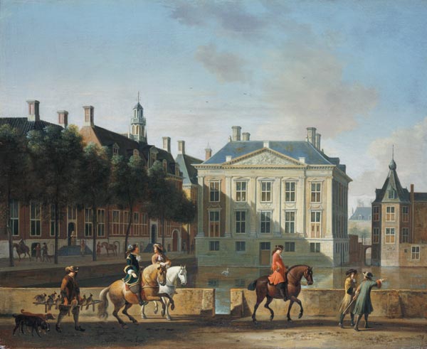 The Mauritshuis from the Langevijverburg, the Hague, with hawking party in the foreground de Gerrit Adriaensz Berckheyde