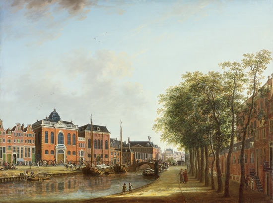 View of the Kloveniersburgwal in Amsterdam, with the Waag, and barge moored in the front of Trippenh de Gerrit Adriaensz Berckheyde