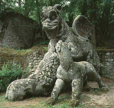 Dragon fighting a lion, sculpture from the Parco dei Mostri (monster park) gardens laid out between de Giacomo Barozzi  da Vignola
