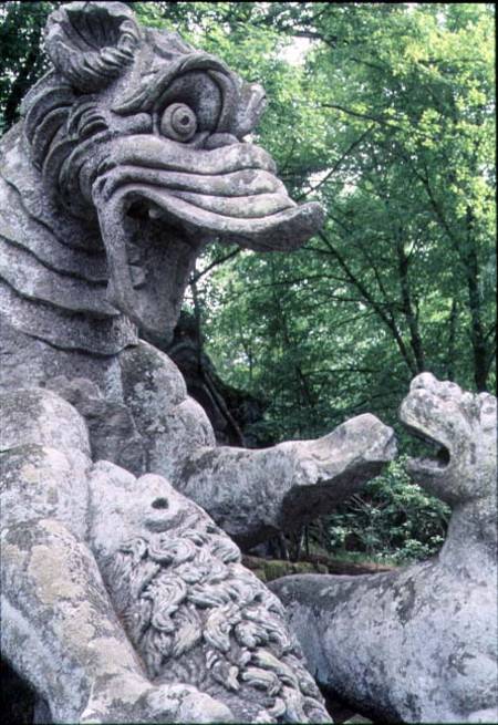Monsters fighting, stone sculpture in the Parco dei Mostri (Monster Park), gardens laid out between de Giacomo Barozzi  da Vignola