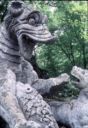 Monsters fighting, stone sculpture in the Parco dei Mostri (Monster Park), gardens laid out between