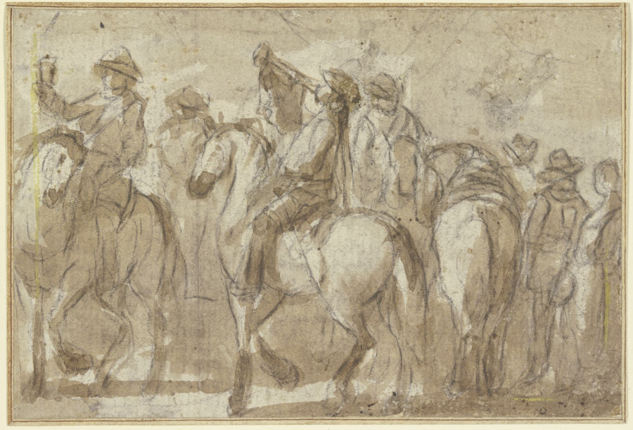 Blasender Trompeter zu Pferde, umgeben von mehreren Reitern de Giacomo Cortese