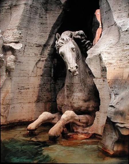 The Fountain of the Four Rivers, detail of a horse, 1648-51 (granite, marble & travertine) de Gianlorenzo Bernini
