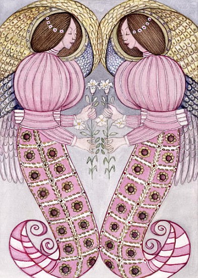 Two angels holding tiger lilies, 1995 (w/c)  de  Gillian  Lawson