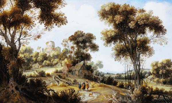 An Extensive Wooded Landscape with Christ on the Road to Emmaus de Gillis Claesz d' Hondecoeter