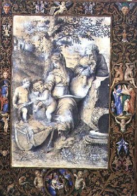 Border of an Illuminated Manuscript surrounding a drawing after Raphael's The Holy family under the