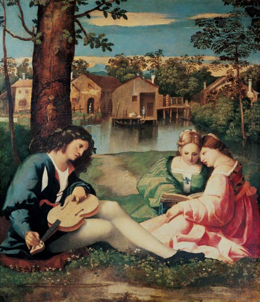Youth with a guitar and two girls sitting on a river bank de Giorgione (eigentl. Giorgio Barbarelli oder da Castelfranco)