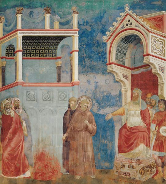 The Trial by Fire, St. Francis offers to walk through fire, to convert the Sultan of Egypt in 1219 de Giotto (di Bondone)