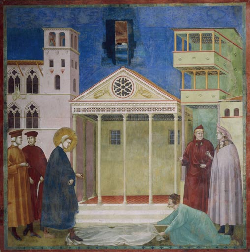 Ein einfacher Mann huldigt dem hl. Franziskus auf dem Marktplatz von Assisi de Giotto (di Bondone)