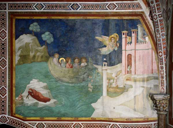 Die Landung der Heiligen Maximin, Lazarus, Cedonius und Maria Magdalena in Marseille de Giotto (Schule)