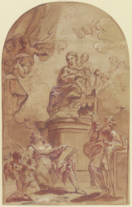 Maria auf dem Throne, dabei der Heilige Paulus und der Heilige Matthäus mit dem Engel de Giovanni Battista Gaulli