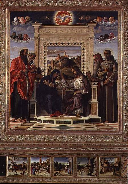 Coronation of the Virgin with SS. Paul, Peter, Jerome and Francis of Assisi with scenes from the liv de Giovanni Bellini
