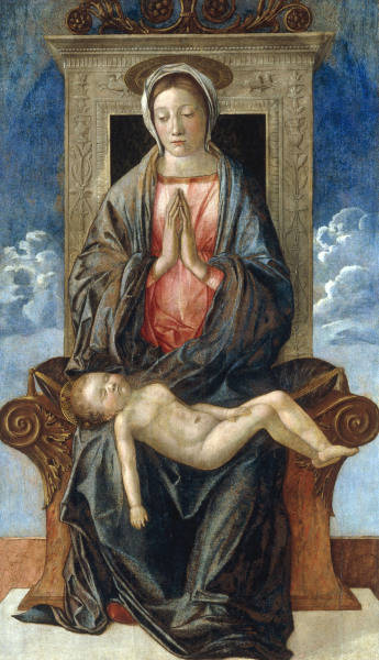 Bellini, Giovanni c.1430 - 1516. ''Enthroned Madonna, worshipping the sleeoing Child'', c.1470/73. O de Giovanni Bellini