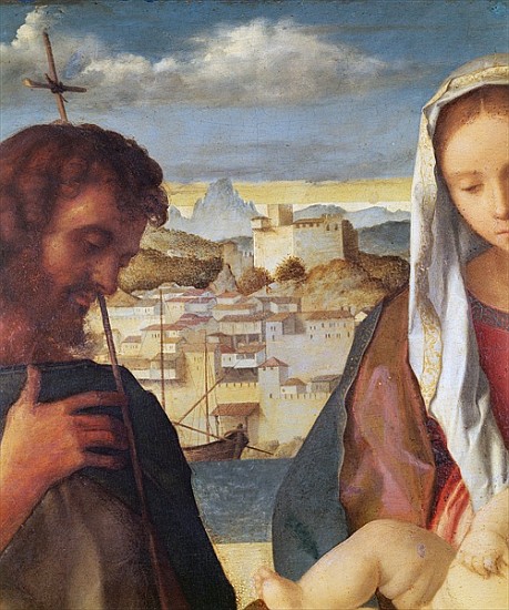 Madonna and Child with St.John the Baptist and a Saint, detail of the background waterside city, c.1 de Giovanni Bellini